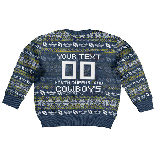 Personalized Cowboys Christmas Kid Ugly Christmas Sweater Australian Rugby Fans - Pixelated Ugly Xmas Pattern Mascot Santa