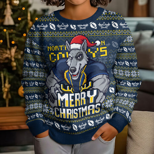 Personalized Cowboys Christmas Kid Ugly Christmas Sweater Australian Rugby Fans - Pixelated Ugly Xmas Pattern Mascot Santa