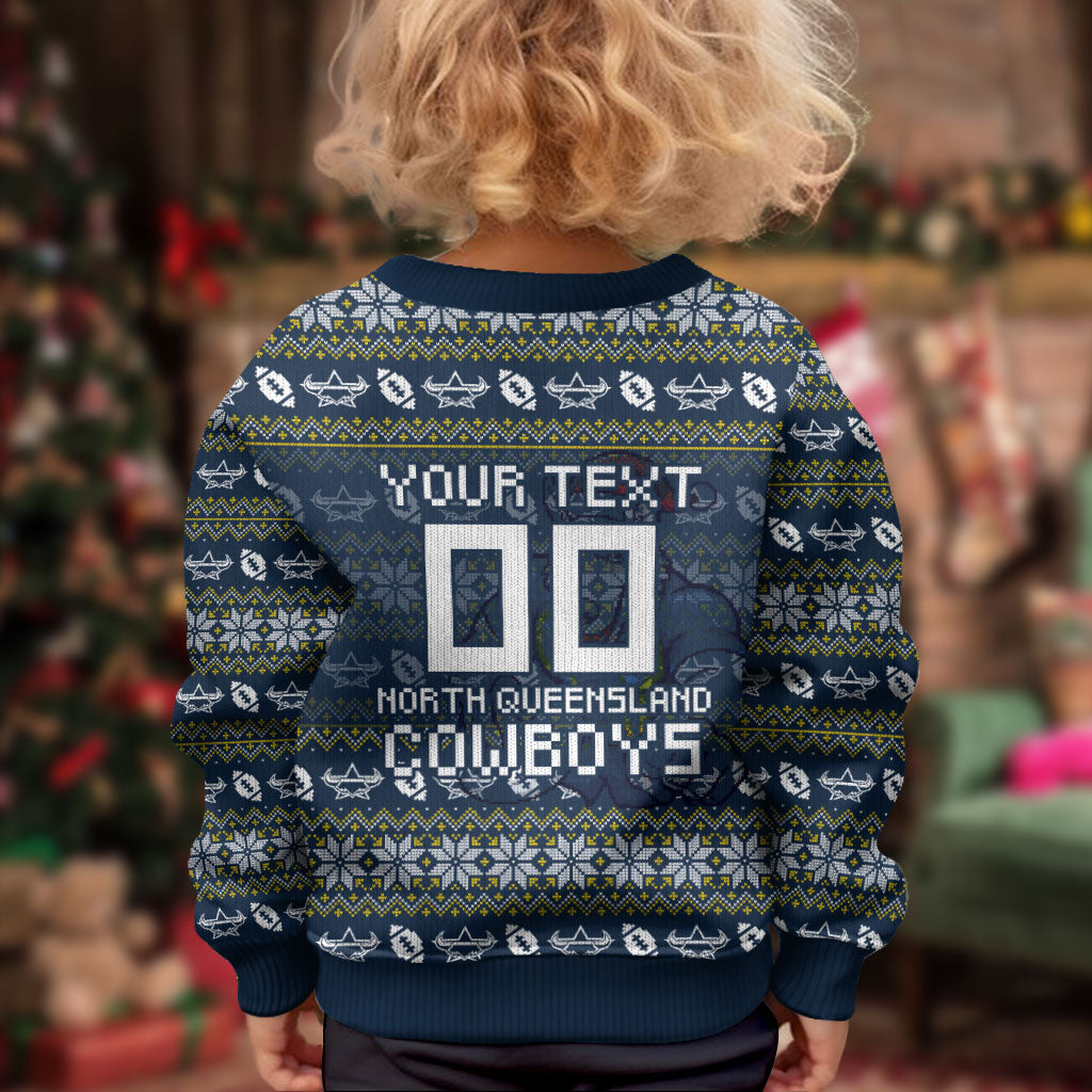 Personalized Cowboys Christmas Kid Ugly Christmas Sweater Australian Rugby Fans - Pixelated Ugly Xmas Pattern Mascot Santa