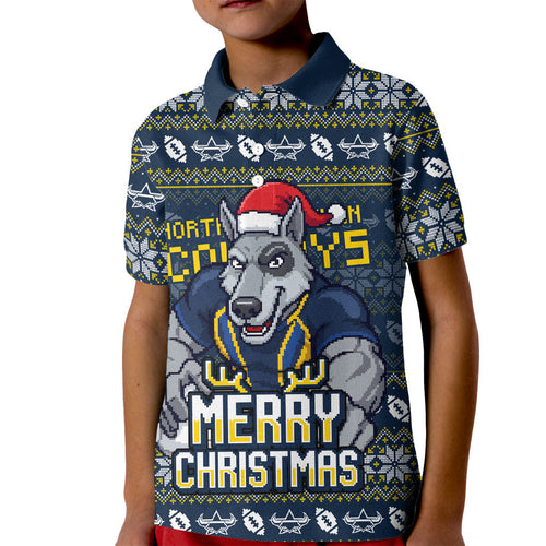 Personalized Cowboys Christmas Kid Polo Shirt Australian Rugby Fans - Pixelated Ugly Xmas Pattern Mascot Santa