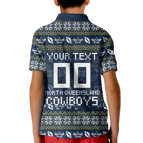 Personalized Cowboys Christmas Kid Polo Shirt Australian Rugby Fans - Pixelated Ugly Xmas Pattern Mascot Santa
