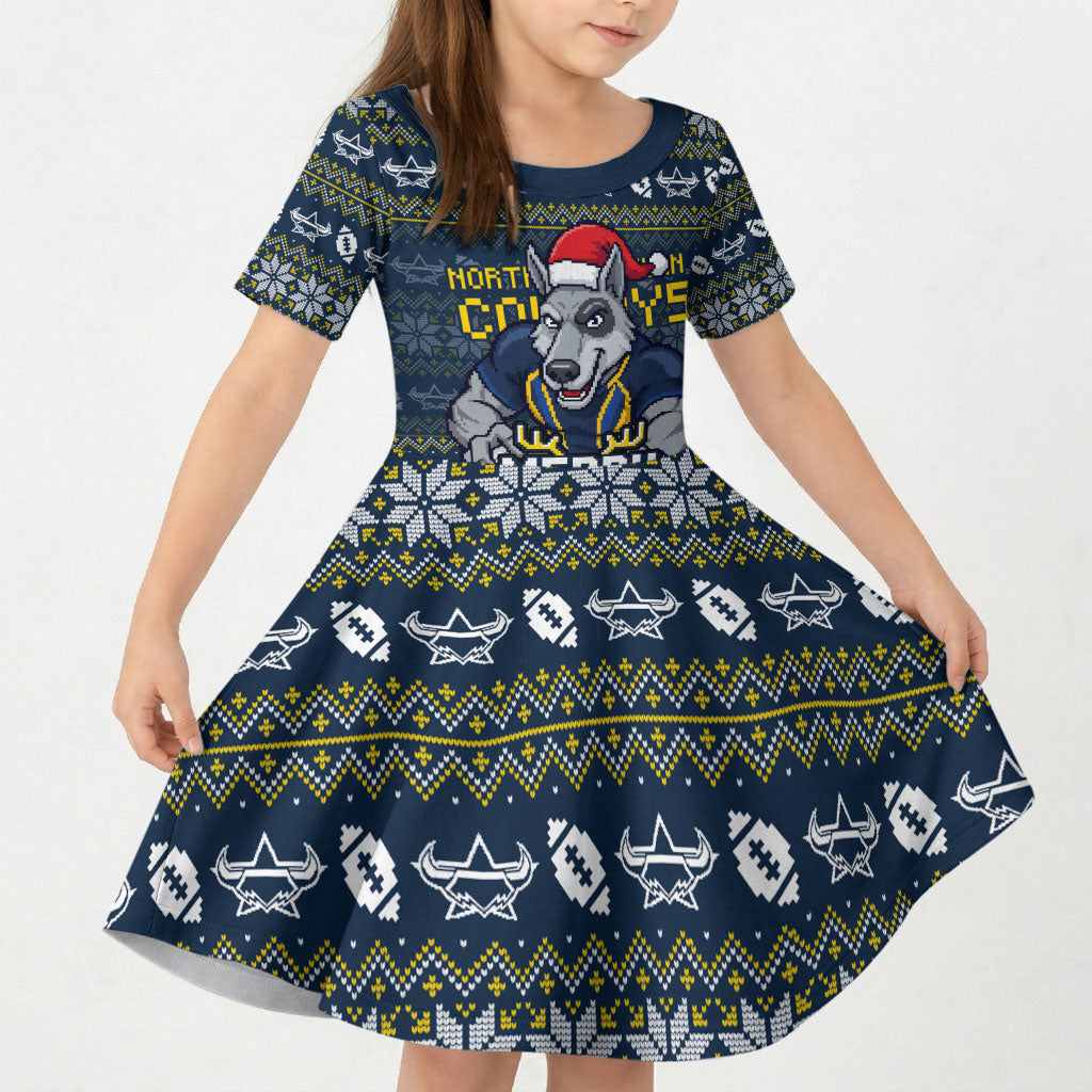 Personalized Cowboys Christmas Kid Short Sleeve Dress Australian Rugby Fans - Pixelated Ugly Xmas Pattern Mascot Santa