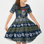 Personalized Cowboys Christmas Kid Short Sleeve Dress Australian Rugby Fans - Pixelated Ugly Xmas Pattern Mascot Santa
