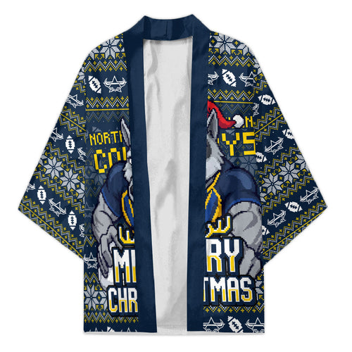 Personalized Cowboys Christmas Kimono Australian Rugby Fans - Pixelated Ugly Xmas Pattern Mascot Santa