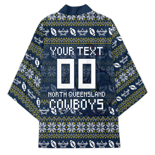 Personalized Cowboys Christmas Kimono Australian Rugby Fans - Pixelated Ugly Xmas Pattern Mascot Santa