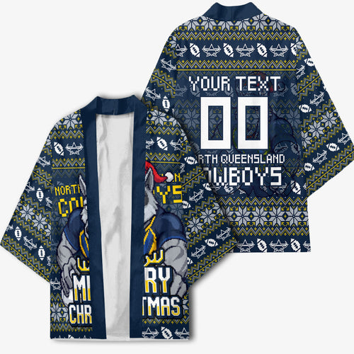 Personalized Cowboys Christmas Kimono Australian Rugby Fans - Pixelated Ugly Xmas Pattern Mascot Santa