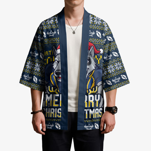 Personalized Cowboys Christmas Kimono Australian Rugby Fans - Pixelated Ugly Xmas Pattern Mascot Santa