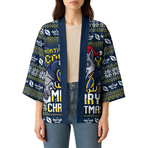 Personalized Cowboys Christmas Kimono Australian Rugby Fans - Pixelated Ugly Xmas Pattern Mascot Santa