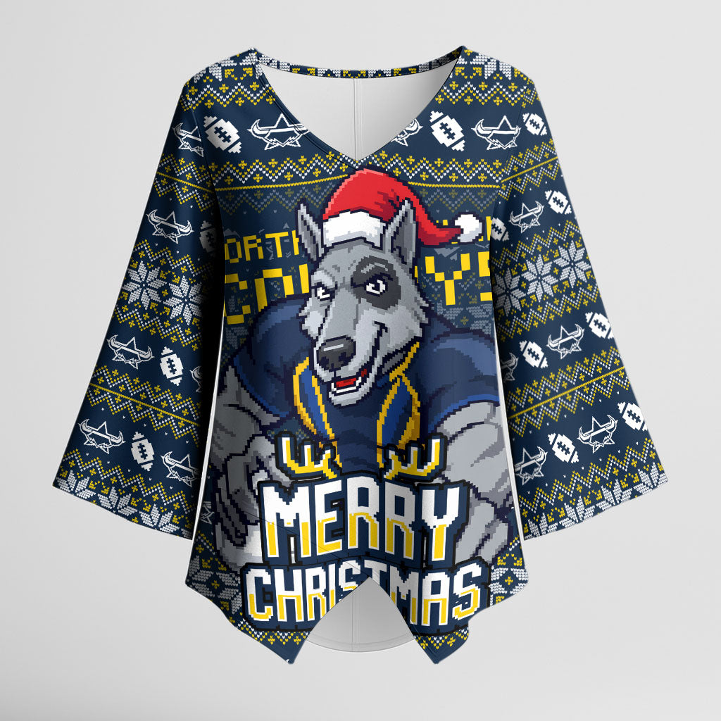 Personalized Cowboys Christmas Kimono Sleeve Blouse Australian Rugby Fans - Pixelated Ugly Xmas Pattern Mascot Santa