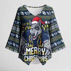 Personalized Cowboys Christmas Kimono Sleeve Blouse Australian Rugby Fans - Pixelated Ugly Xmas Pattern Mascot Santa