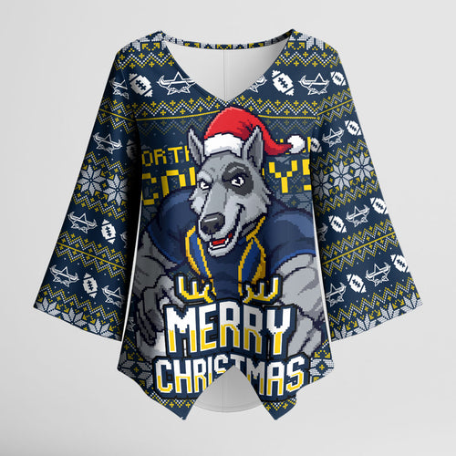 Personalized Cowboys Christmas Kimono Sleeve Blouse Australian Rugby Fans - Pixelated Ugly Xmas Pattern Mascot Santa