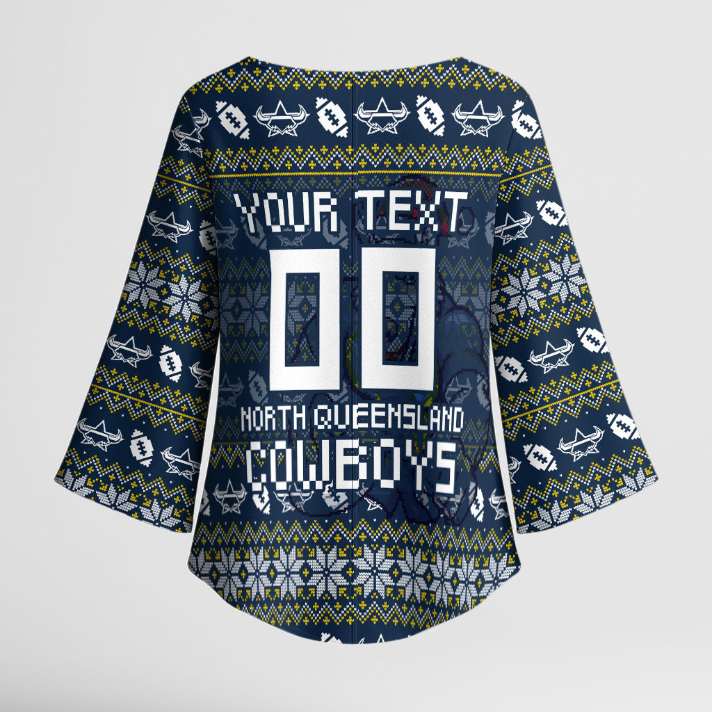 Personalized Cowboys Christmas Kimono Sleeve Blouse Australian Rugby Fans - Pixelated Ugly Xmas Pattern Mascot Santa