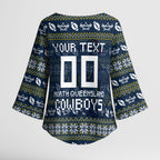 Personalized Cowboys Christmas Kimono Sleeve Blouse Australian Rugby Fans - Pixelated Ugly Xmas Pattern Mascot Santa