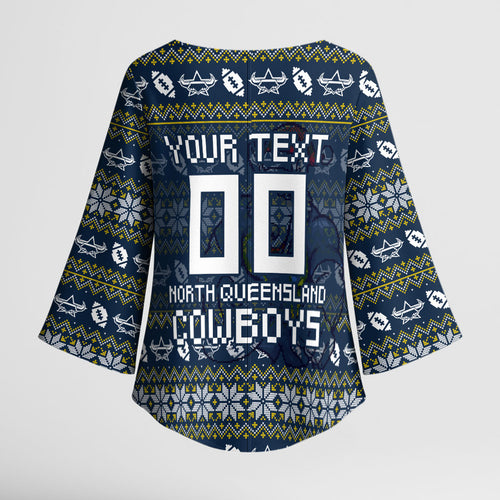 Personalized Cowboys Christmas Kimono Sleeve Blouse Australian Rugby Fans - Pixelated Ugly Xmas Pattern Mascot Santa