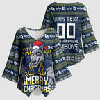 Personalized Cowboys Christmas Kimono Sleeve Blouse Australian Rugby Fans - Pixelated Ugly Xmas Pattern Mascot Santa