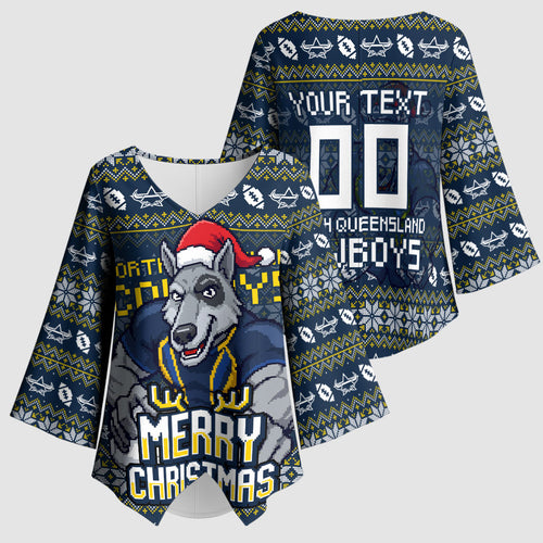 Personalized Cowboys Christmas Kimono Sleeve Blouse Australian Rugby Fans - Pixelated Ugly Xmas Pattern Mascot Santa
