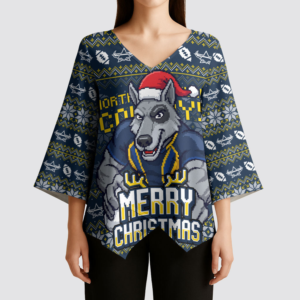 Personalized Cowboys Christmas Kimono Sleeve Blouse Australian Rugby Fans - Pixelated Ugly Xmas Pattern Mascot Santa