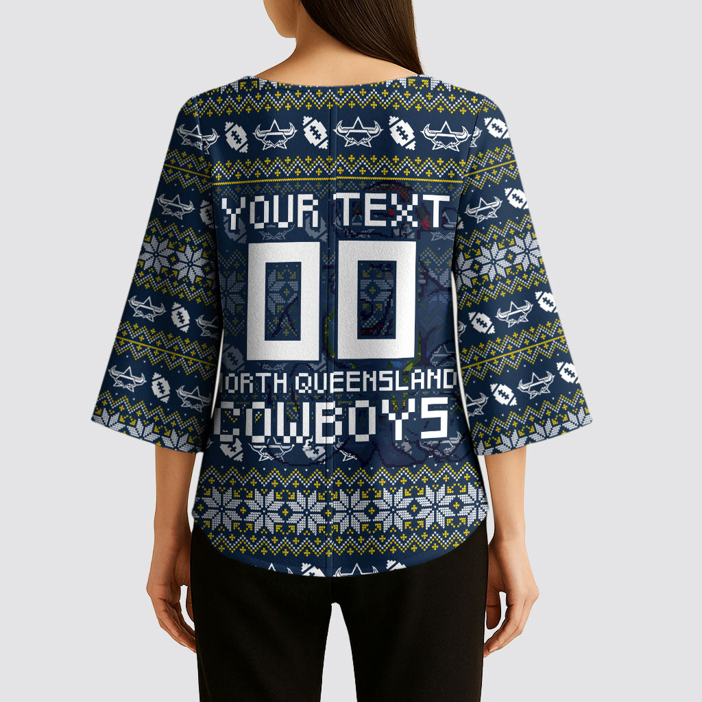 Personalized Cowboys Christmas Kimono Sleeve Blouse Australian Rugby Fans - Pixelated Ugly Xmas Pattern Mascot Santa