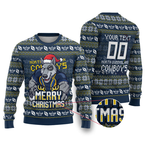 Personalized Cowboys Christmas Ugly Christmas Sweater Australian Rugby Fans - Pixelated Ugly Xmas Pattern Mascot Santa