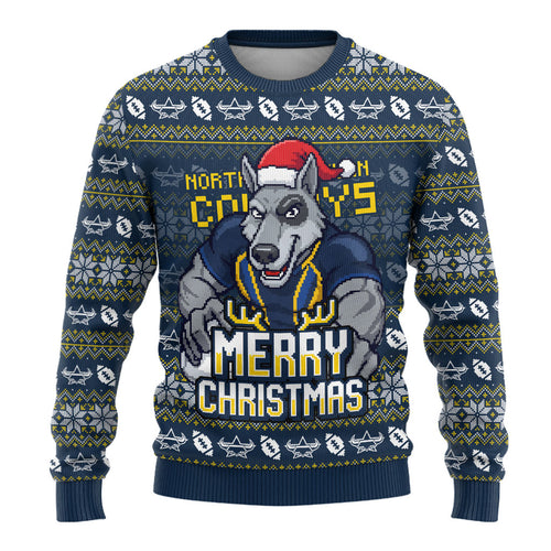 Personalized Cowboys Christmas Ugly Christmas Sweater Australian Rugby Fans - Pixelated Ugly Xmas Pattern Mascot Santa