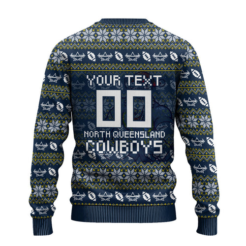 Personalized Cowboys Christmas Ugly Christmas Sweater Australian Rugby Fans - Pixelated Ugly Xmas Pattern Mascot Santa