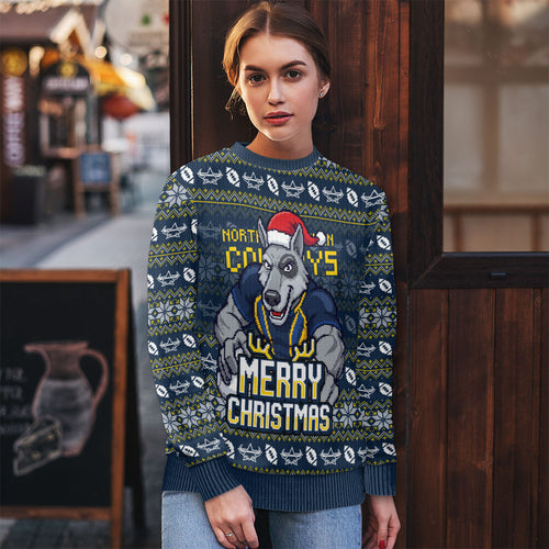 Personalized Cowboys Christmas Ugly Christmas Sweater Australian Rugby Fans - Pixelated Ugly Xmas Pattern Mascot Santa