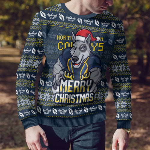 Personalized Cowboys Christmas Ugly Christmas Sweater Australian Rugby Fans - Pixelated Ugly Xmas Pattern Mascot Santa