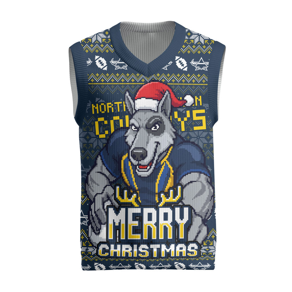 Personalized Cowboys Christmas Knitted V-Neck Vest Australian Rugby Fans - Pixelated Ugly Xmas Pattern Mascot Santa