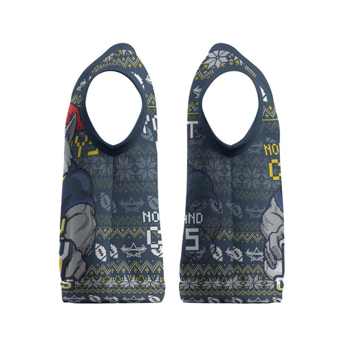 Personalized Cowboys Christmas Knitted V-Neck Vest Australian Rugby Fans - Pixelated Ugly Xmas Pattern Mascot Santa