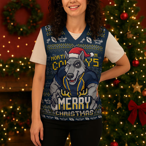 Personalized Cowboys Christmas Knitted V-Neck Vest Australian Rugby Fans - Pixelated Ugly Xmas Pattern Mascot Santa
