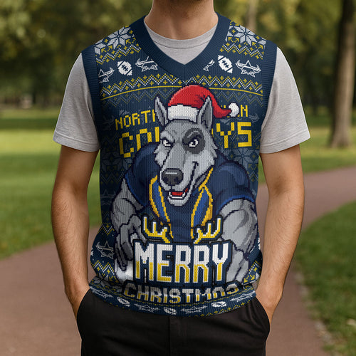 Personalized Cowboys Christmas Knitted V-Neck Vest Australian Rugby Fans - Pixelated Ugly Xmas Pattern Mascot Santa