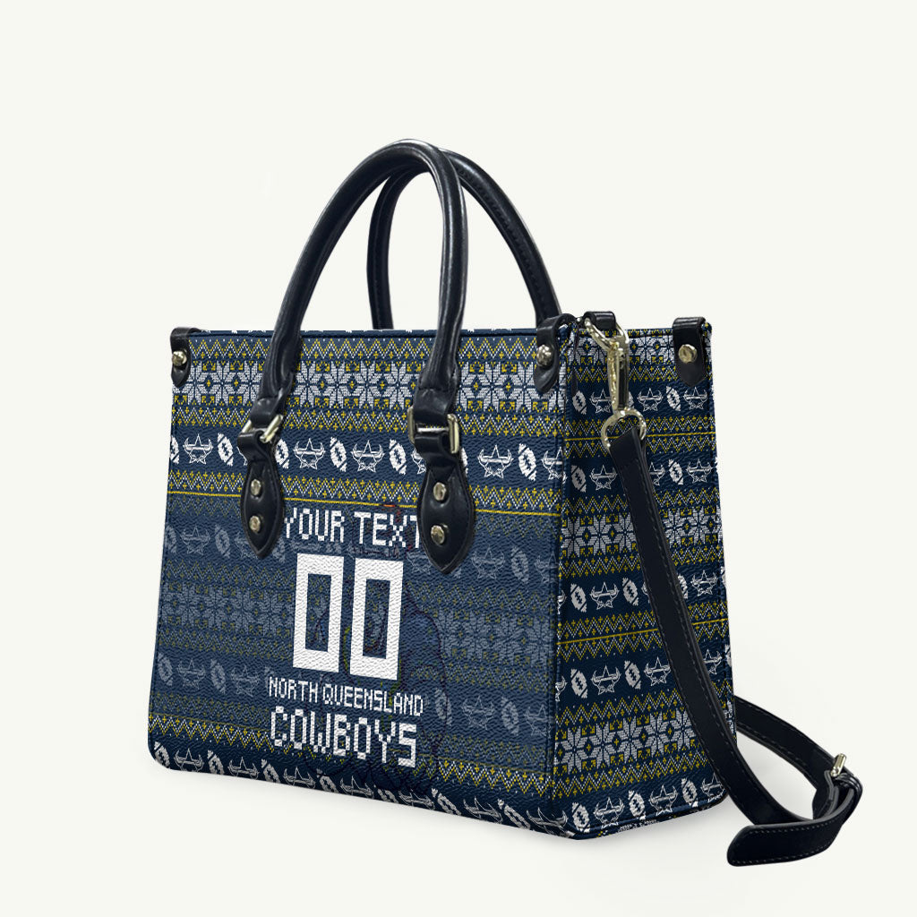 Personalized Cowboys Christmas Leather Bag Australian Rugby Fans - Pixelated Ugly Xmas Pattern Mascot Santa
