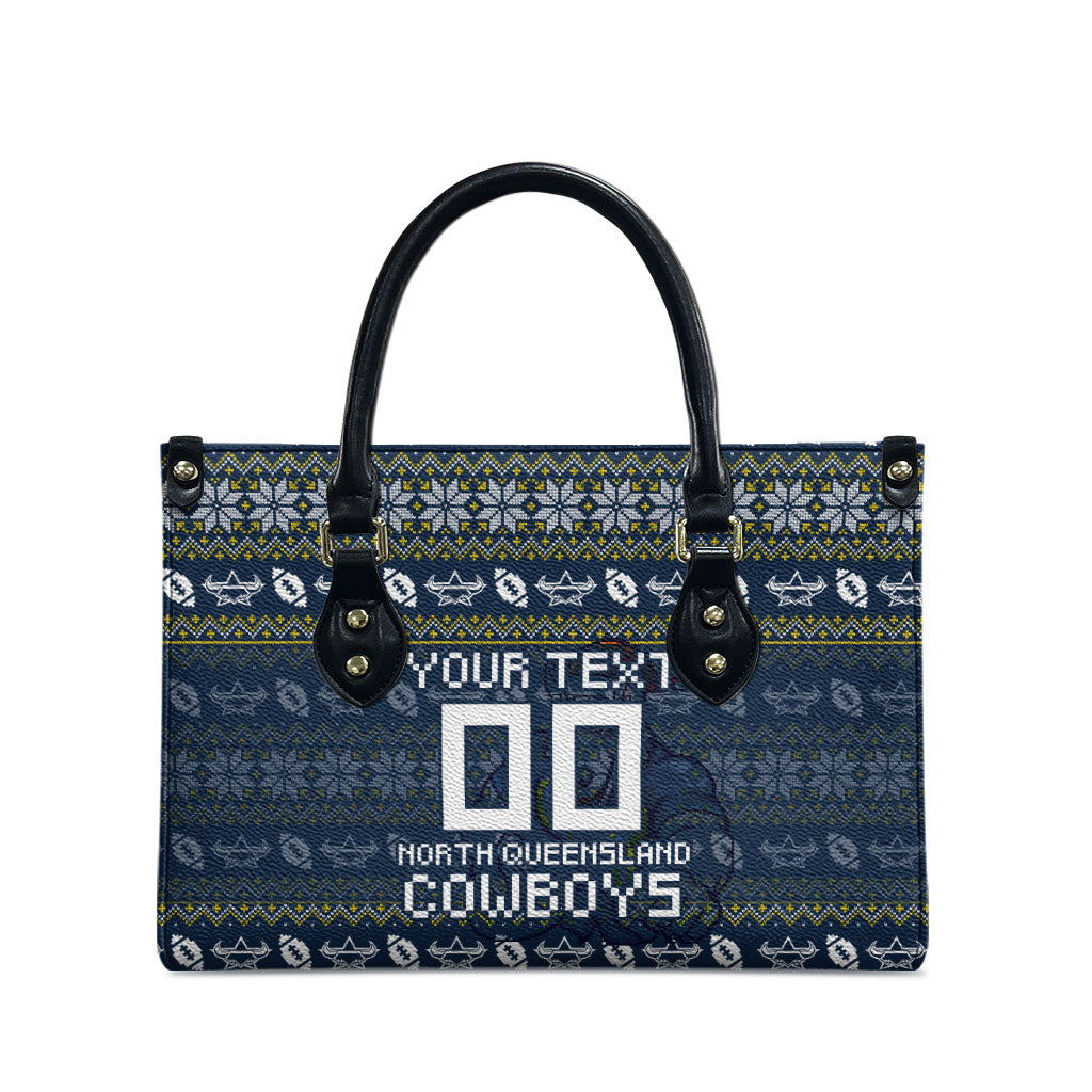 Personalized Cowboys Christmas Leather Bag Australian Rugby Fans - Pixelated Ugly Xmas Pattern Mascot Santa
