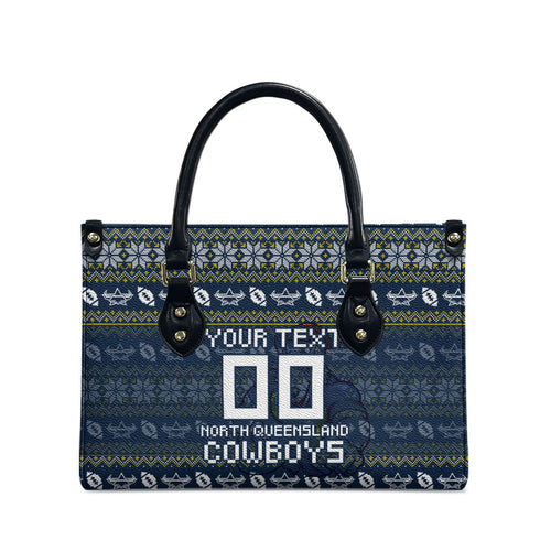 Personalized Cowboys Christmas Leather Bag Australian Rugby Fans - Pixelated Ugly Xmas Pattern Mascot Santa