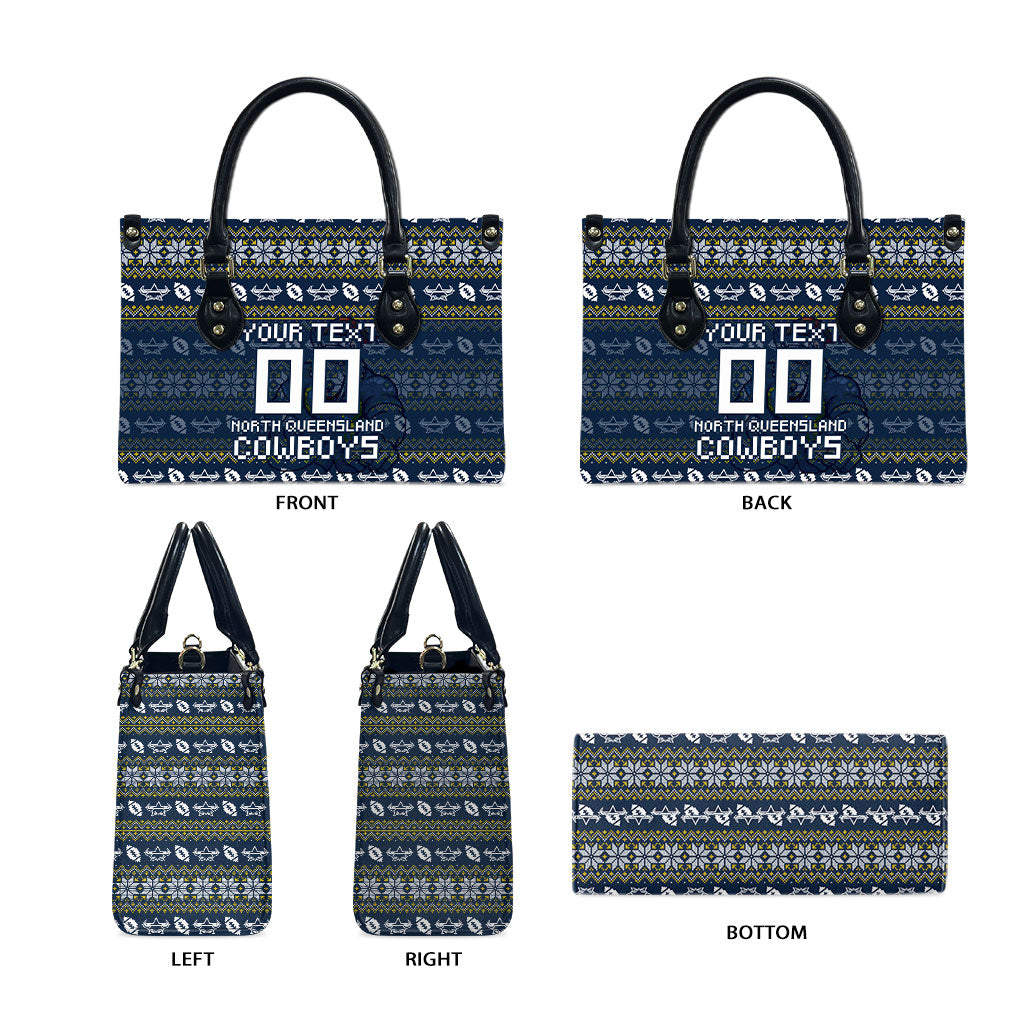 Personalized Cowboys Christmas Leather Bag Australian Rugby Fans - Pixelated Ugly Xmas Pattern Mascot Santa