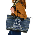 Personalized Cowboys Christmas Leather Tote Bag Australian Rugby Fans - Pixelated Ugly Xmas Pattern Mascot Santa