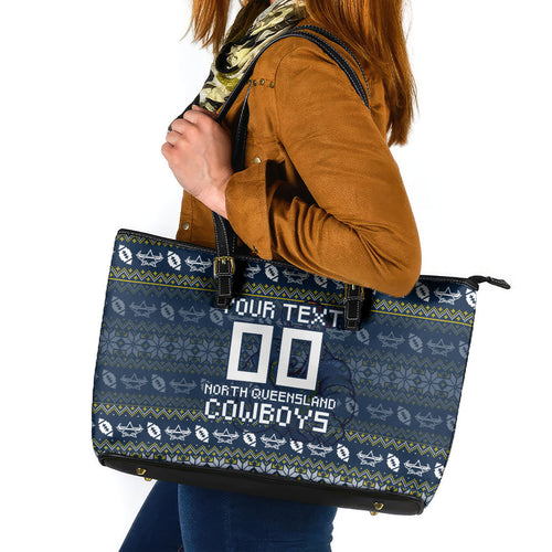 Personalized Cowboys Christmas Leather Tote Bag Australian Rugby Fans - Pixelated Ugly Xmas Pattern Mascot Santa