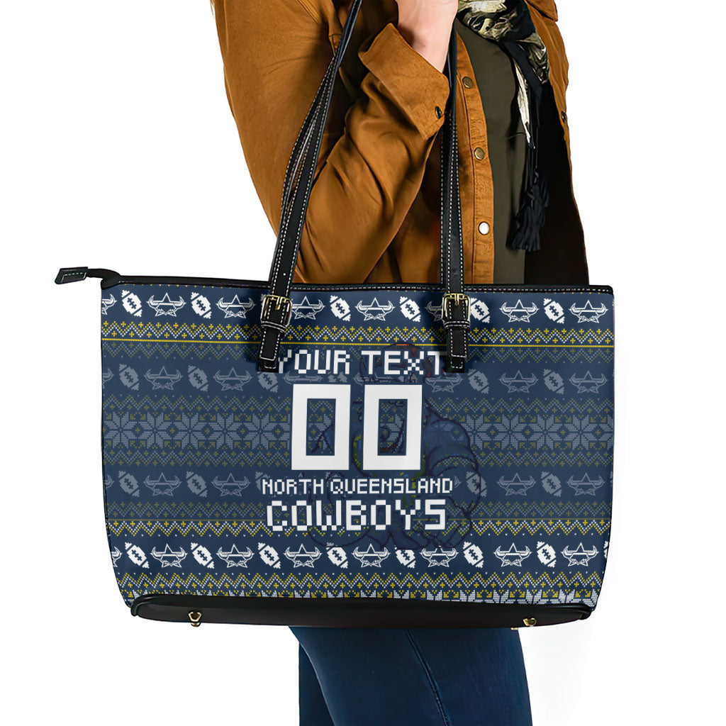 Personalized Cowboys Christmas Leather Tote Bag Australian Rugby Fans - Pixelated Ugly Xmas Pattern Mascot Santa