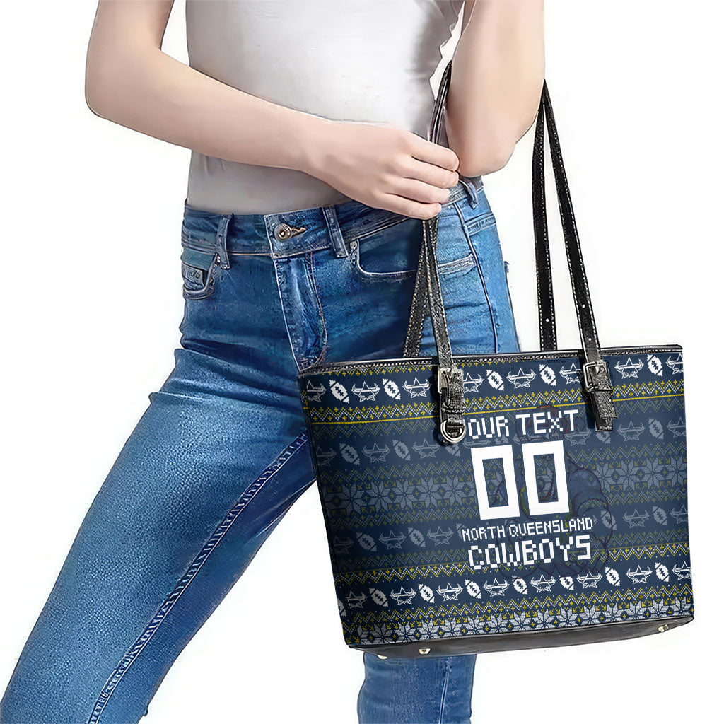 Personalized Cowboys Christmas Leather Tote Bag Australian Rugby Fans - Pixelated Ugly Xmas Pattern Mascot Santa