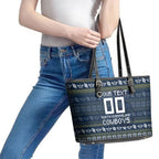 Personalized Cowboys Christmas Leather Tote Bag Australian Rugby Fans - Pixelated Ugly Xmas Pattern Mascot Santa