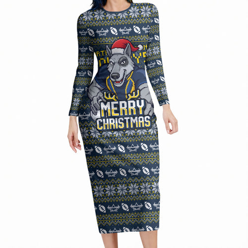 Personalized Cowboys Christmas Long Sleeve Bodycon Dress Australian Rugby Fans - Pixelated Ugly Xmas Pattern Mascot Santa