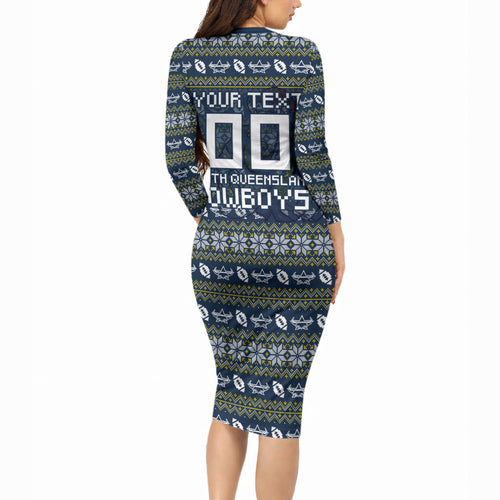 Personalized Cowboys Christmas Long Sleeve Bodycon Dress Australian Rugby Fans - Pixelated Ugly Xmas Pattern Mascot Santa