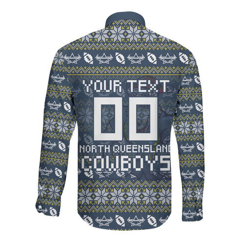 Personalized Cowboys Christmas Long Sleeve Button Shirt Australian Rugby Fans - Pixelated Ugly Xmas Pattern Mascot Santa