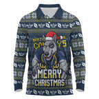 Personalized Cowboys Christmas Long Sleeve Polo Shirt Australian Rugby Fans - Pixelated Ugly Xmas Pattern Mascot Santa