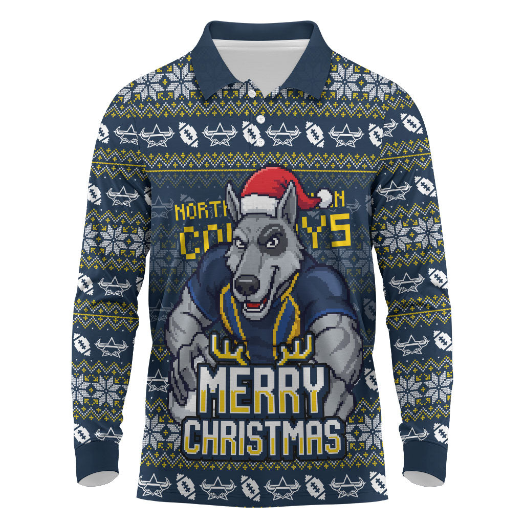 Personalized Cowboys Christmas Long Sleeve Polo Shirt Australian Rugby Fans - Pixelated Ugly Xmas Pattern Mascot Santa