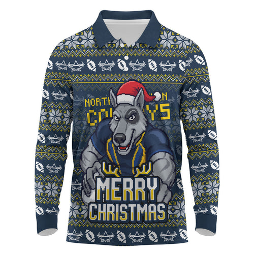 Personalized Cowboys Christmas Long Sleeve Polo Shirt Australian Rugby Fans - Pixelated Ugly Xmas Pattern Mascot Santa
