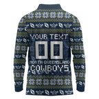 Personalized Cowboys Christmas Long Sleeve Polo Shirt Australian Rugby Fans - Pixelated Ugly Xmas Pattern Mascot Santa