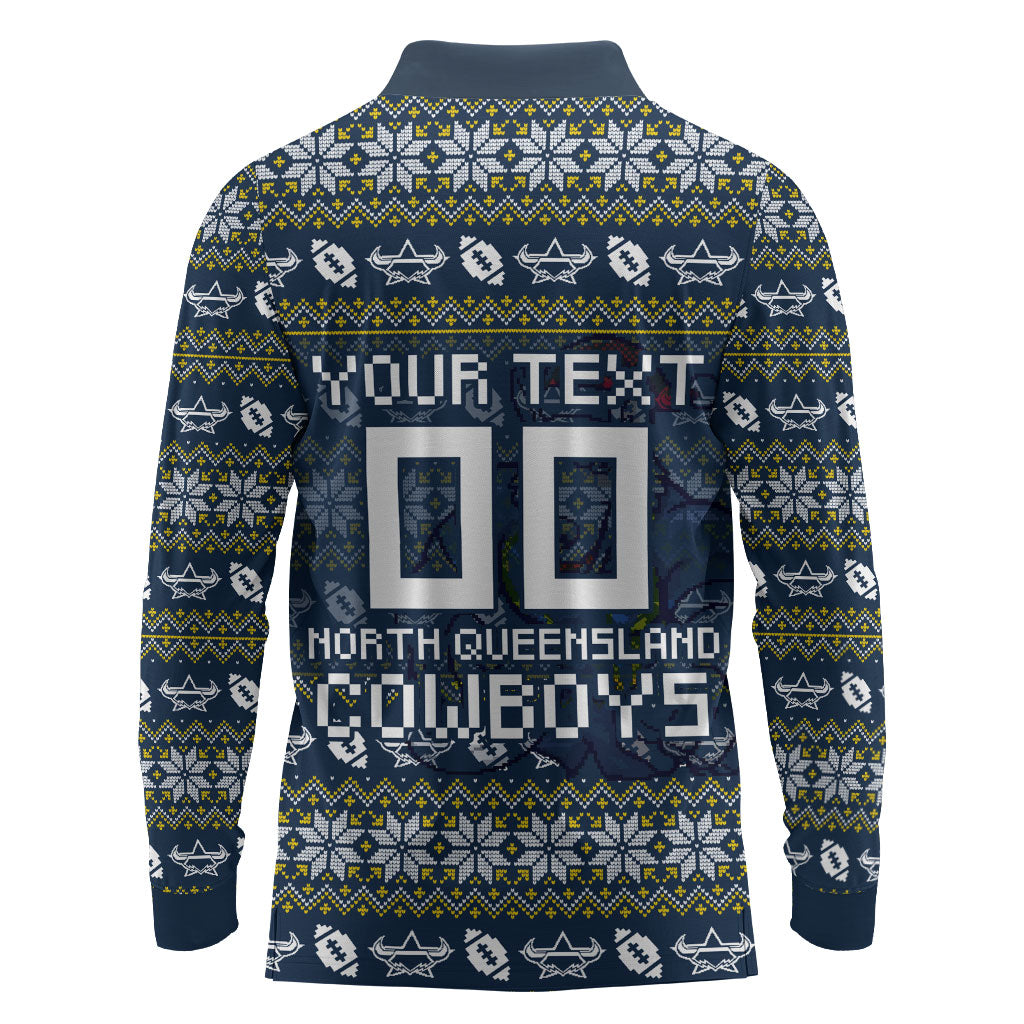 Personalized Cowboys Christmas Long Sleeve Polo Shirt Australian Rugby Fans - Pixelated Ugly Xmas Pattern Mascot Santa