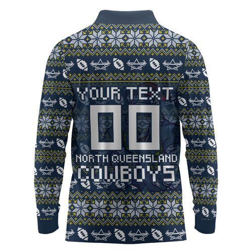 Personalized Cowboys Christmas Long Sleeve Polo Shirt Australian Rugby Fans - Pixelated Ugly Xmas Pattern Mascot Santa