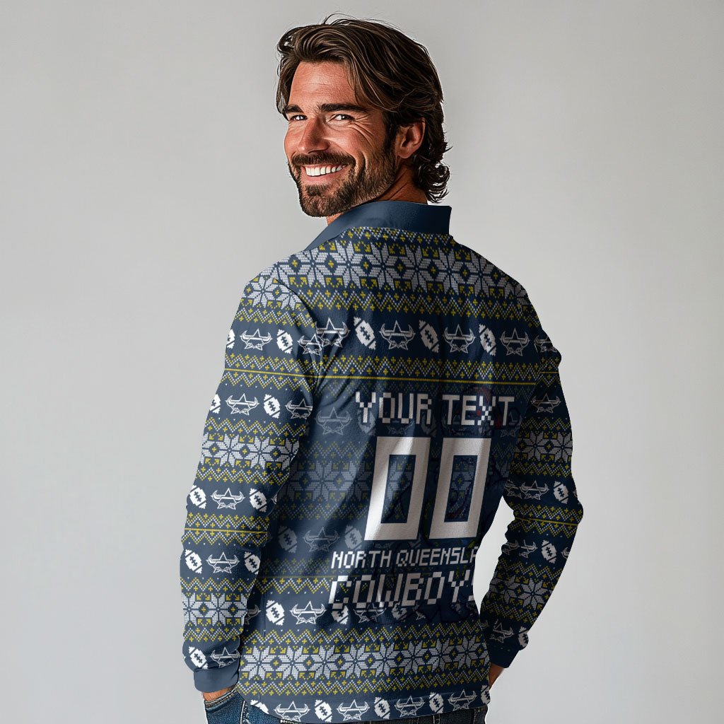 Personalized Cowboys Christmas Long Sleeve Polo Shirt Australian Rugby Fans - Pixelated Ugly Xmas Pattern Mascot Santa